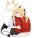  1girl absurdres backpack bag black_dress black_horns black_tail black_wings blonde_hair blue_archive blush_stickers closed_mouth demon_horns demon_tail demon_wings dress full_body halo highres horns ibuki_(blue_archive) kameria526 long_hair looking_at_viewer pointy_ears randoseru shirt short_sleeves side_ponytail simple_background smile socks solo tail white_background white_shirt white_socks wings yellow_eyes yellow_halo 