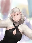 2024 anthro choker clothed clothing dress ear_piercing female fur haplorhine hi_res jewelry looking_at_viewer lucy_(davestoons) mammal monkey necklace piercing primate red_eyes redustheriotact simple_background smile solo toothy_grin white_body white_fur
