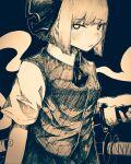  1girl ascot bandaid bandaid_on_arm black_background blush bob_cut breasts collared_shirt commentary from_side greyscale hair_ribbon hakurou_hokuto hatching_(texture) highres holding holding_sheath konpaku_youmu konpaku_youmu_(ghost) looking_at_viewer monochrome open_mouth ribbon sheath sheathed shirt short_hair short_sleeves small_breasts solo sword touhou upper_body vest weapon 