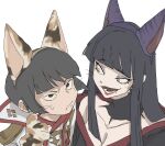  1boy 1girl animal_ear_hairband animal_ears animal_hands asahi_sas_brutus black_collar black_eyes black_hair blunt_bangs breasts brother_and_sister brown_hairband cleavage collar collarbone fake_animal_ears final_fantasy final_fantasy_xiv frown glaa_da green_eyes hairband hand_up high_collar highres hyur long_hair looking_at_another looking_up mole mole_under_mouth off_shoulder open_mouth portrait purple_hairband red_trim short_hair siblings simple_background slit_pupils smile straight_hair sweatdrop whiskers white_background yotsuyu_goe_brutus 