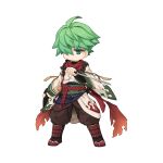  1boy ahoge armor brown_footwear brown_pants brown_socks chibi closed_mouth dagger expressionless full_body green_eyes green_hair hair_between_eyes hair_over_one_eye holding holding_dagger holding_knife holding_weapon japanese_armor knife kote long_bangs long_sleeves looking_at_viewer male_focus ninja official_art pants ragnarok_online red_scarf reverse_grip sandals scarf shin_guards shinkiro_(ragnarok_online) short_hair short_sword simple_background socks solo standing sword tabi tachi-e tantou tassel torn_clothes torn_scarf transparent_background weapon wide_sleeves yuichirou zouri 
