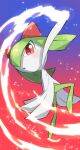  absurdres arm_up blush colored_skin hair_over_one_eye highres horns kirlia light_trail looking_at_viewer multicolored_skin nullma parted_lips pink_eyes pokemon pokemon_(creature) sidelocks two-tone_background two-tone_skin white_skin 