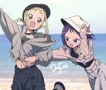  2girls :d aged_up alternate_costume arm_up asuka_momoko baseball_cap beach black_hat black_shirt blonde_hair blurry blurry_background chumggggg commentary_request cowboy_shot day green_eyes grey_hoodie grey_pants hair_rings hand_on_headwear hat highres holding holding_clothes holding_hands holding_hat hood hoodie interlocked_fingers jewelry korean_commentary long_sleeves looking_at_another midriff multiple_girls necklace ocean ojamajo_doremi open_mouth outdoors outstretched_arms pants purple_eyes purple_hair segawa_onpu shirt short_hair sky smile standing standing_on_one_leg white_hat 