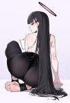  1girl ass black_hair black_leggings blue_archive dated from_behind hair_ornament hairpin halo highres holding holding_tablet_pc leggings long_hair looking_at_viewer looking_back manzai_sugar open_mouth red_eyes rio_(blue_archive) signature soles solo tablet_pc toes very_long_hair 