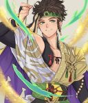  1boy absurdres bridal_gauntlets brown_hair claude_von_riegan claude_von_riegan_(winds_offered) fire_emblem fire_emblem:_three_houses fire_emblem_heroes gold_cape green_eyes green_headband headband highres japanese_clothes male_focus official_alternate_costume sierra117renner single_bare_shoulder 