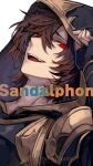  1boy adjusting_clothes ahoge arisato_yui armor artist_name bishounen brown_hair commentary empty_eyes english_text evil_grin evil_smile fangs fingerless_gloves gloves gold_trim granblue_fantasy grin hair_between_eyes highres hood hood_up looking_at_viewer male_focus red_eyes sandalphon_(granblue_fantasy) short_hair shoulder_armor smile symbol-only_commentary white_background 