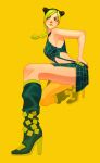  1girl absurdres boots braid braided_ponytail closed_mouth double_bun full_body green_eyes green_hair green_lips hair_bun hand_on_own_hip high_heels highres jojo_no_kimyou_na_bouken kujo_jolyne looking_to_the_side simple_background sleeveless tsukizawr yellow_background 