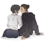  1boy 1girl arm_support black_hair black_hoodie black_pants blush brown_hair closed_mouth collared_shirt couple eren_yeager eye_contact from_behind hair_pulled_back hand_on_another&#039;s_face hood hood_down hoodie long_sleeves looking_at_another mikasa_ackerman pants pudelmudel scar scar_on_cheek scar_on_face shingeki_no_kyojin shirt short_hair sitting white_background white_shirt 