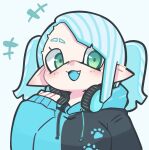  +++ 1girl black_hoodie blue_hair blue_hoodie blue_tongue colored_tongue eyebrow_cut fang green_eyes headphones headphones_around_neck hekoningyou_(waraningyou) hood hoodie inkling inkling_girl inkling_player_character looking_at_viewer open_mouth paw_print pointy_ears solo splatoon_(series) twintails upper_body white_background 