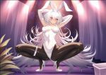  1girl animal_ears arms_up blush cluseller elbow_gloves embarrassed fate_(series) gloves high_heels leotard long_hair merlin_(fate/prototype) pink_eyes playboy_bunny rabbit_ears solo spread_legs squatting white_gloves white_hair white_leotard 