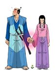  1girl black_hair blush chonmage crayon_shin-chan crayon_shin-chan:_arashi_wo_yobu:_appare!_sengoku_daikassen holding_hands ijiri_matabee_yoshitoshi japanese_clothes kasuga_ren katana long_hair medaman77 samurai sword topknot weapon 