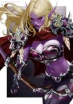  1girl absurdres armor blonde_hair bow_(weapon) breasts cleavage colored_skin elf elolaillustrator highres large_breasts long_hair metal_bra navel night_elf_(warcraft) pauldrons pointy_ears purple_skin red_eyes red_scarf scarf shoulder_armor solo standing sylvanas_windrunner warcraft weapon world_of_warcraft 