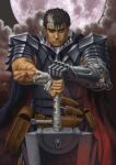  1boy arm_wrap armor bandaged_arm bandages berserk black_hair blood blood_on_arm breastplate cape cloud cloudy_sky cuirass dragonslayer_(sword) greatsword guts_(berserk) hand_wraps holding holding_sword holding_weapon huge_weapon knife_sheath leather looking_at_viewer moon moonlight muscular muscular_male non-web_source official_art one_eye_closed plate_armor pouch prosthesis prosthetic_arm scar scar_on_arm scar_on_face scar_on_nose sheath short_hair shoulder_armor sky solo spiked_hair sword textless_version weapon 