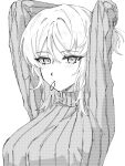  1girl arms_up breasts closed_mouth faust_(project_moon) greyscale hair_tie highres kitaku_(ienikaeru) large_breasts limbus_company long_sleeves medium_hair monochrome project_moon ribbed_sweater simple_background solo sweater upper_body 