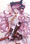  1girl absurdres belt black_gloves black_horns blue_eyes breasts bug butterfly coat draph glint gloves glowing_butterfly granblue_fantasy hair_over_one_eye highres holding holding_sword holding_weapon horns ikukiri_yuri impossible_clothes katana large_breasts long_hair narmaya_(granblue_fantasy) pointy_ears purple_hair scabbard sheath simple_background sleeveless sleeveless_coat sword thighhighs very_long_hair weapon white_coat 