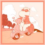 2018 anthro border clothing cloud eyewear hi_res jacket leather leather_clothing leather_jacket leather_topwear lonbluewolf lonbluewolf_(character) male monochrome moomin motor_scooter plant road sky skyscape solo sunglasses the_moomins topwear tree