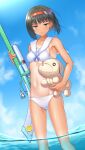  1girl bikini black_hair breasts character_doll day frown hairband highres holding holding_stuffed_toy holding_water_gun midriff outdoors rance_(series) red_hairband reset_kalar small_breasts solo stuffed_animal stuffed_dog stuffed_toy swimsuit tan tanlines tsuboyarou wading water water_gun white_bikini yuzuhara_yuzumi 