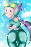 1girl artist_request ass blush bodysuit breasts cameltoe feathers from_behind gloves gym_leader helmet long_hair looking_at_viewer nagi_(pokemon) poke_ball pokemon pokemon_(game) pokemon_oras ponytail purple_eyes purple_hair shiny shiny_clothes sideboob smile solo very_long_hair 