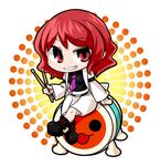  byourou chibi drum drumsticks grin horikawa_raiko instrument jacket necktie purple_neckwear red_eyes red_hair shirt short_hair skirt smile solo taiko_no_tatsujin touhou wada_don 