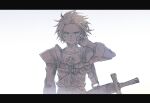  1boy armor closed_mouth greyscale gustave_xiii letterboxed looking_at_viewer male_focus michibata_65 monochrome saga saga_frontier_2 short_hair simple_background solo spot_color standing sword weapon white_background 