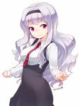  breasts dated dress hairband idolmaster idolmaster_(classic) large_breasts long_hair looking_at_viewer nagian necktie purple_eyes purple_hair shijou_takane simple_background smile solo white_background 