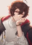  1boy ahoge backlighting bishounen black_jacket bracelet brown_hair english_commentary expressionless granblue_fantasy hair_between_eyes hand_on_own_chin hood hood_down jacket jacket_on_shoulders jewelry looking_at_viewer male_focus official_alternate_costume red_eyes ribbed_sweater sandalphon_(granblue_fantasy) short_hair simple_background sweater turtleneck turtleneck_sweater yoshihi_co 