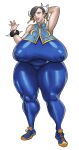  1girl absurdres alternate_breast_size arm_over_head armpits bodysuit breasts chinese_clothes chun-li covered_nipples curvy darksoul double_bun english_commentary gigantic_breasts hair_bun highres huge_breasts lips plump shoes sneakers street_fighter thick_thighs thighs tight_clothes 