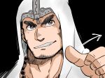  1boy bara cross_scar eyebrow_stubble facial_hair goatee_stubble grin hood hood_up houzouin_oniwaka long_sideburns male_focus msk_hsm pointing pointing_at_self portrait scar scar_on_face scar_on_forehead short_hair sideburns smile solo stubble thick_eyebrows tokyo_afterschool_summoners v-shaped_eyebrows 