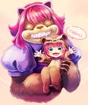  :d animal_costume annie_hastur bear_costume cosplay costume_switch fang green_eyes league_of_legends mizoreame open_mouth red_hair short_hair smile tibbers v-shaped_eyebrows 