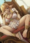  bare_legs barefoot blonde_hair book bracelet breasts brown_eyes chair cleavage collarbone commission covered_nipples cup dress elf frilled_dress frills gold_bracelet hand_on_own_cheek hand_on_own_face highres holding holding_book holding_cup indoors jewelry large_breasts long_hair looking_at_viewer pixiv_commission pointy_ears serie_(sousou_no_frieren) sitting sousou_no_frieren spread_legs steam tamada_heijun teacup thighs toes 