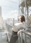  1girl :v absurdres against_railing beer_can belt black_belt black_hair black_pants blue_sky brown_hair building can city cityscape collared_shirt day drink_can guard_rail highres leaning_back looking_at_viewer matsuura_kento neck office_lady original outdoors pant_suit pants railing rooftop shirt shirt_tucked_in sky smoking solo suit tobacco water_tank water_tower white_shirt 