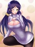  :p bad_id bad_pixiv_id black_legwear breasts cleavage green_eyes highres john_117 large_breasts long_sleeves love_live! love_live!_school_idol_project low_twintails meme_attire open-chest_sweater pantyhose ribbed_sweater sweater tongue tongue_out toujou_nozomi twintails 