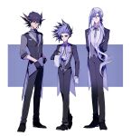  3boys absurdres alternate_costume aqua_hair arms_behind_back bad_id bad_lofter_id black_coat black_footwear black_gloves black_hair black_pants black_ribbon black_shirt black_vest blue_eyes blue_hair butler clipboard coat collared_shirt crossed_legs dress_shoes expressionless facial_mark facial_tattoo formal fudo_yusei full_body gloves hair_ribbon hand_up high_collar highres holding holding_clipboard holding_towel long_hair looking_at_viewer male_focus multicolored_hair multiple_boys naoki_(2rzmcaizerails6) neck_ribbon pants ponytail ribbon shirt sleeve_cuffs spiked_hair streaked_hair tailcoat tattoo towel two-sided_fabric two-sided_tailcoat v_(yu-gi-oh!) very_long_hair vest white_gloves white_shirt white_towel yu-gi-oh! yu-gi-oh!_5d&#039;s yu-gi-oh!_arc-v yu-gi-oh!_zexal yuuto_(yu-gi-oh!) 