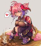  1girl ahoge blue_eyes breasts chichiri crater draph full_body gradient_hair granblue_fantasy heart horns koji_aotokage large_breasts looking_at_viewer multicolored_hair pink_hair pointy_ears sandals short_hair sleeveless smile solo spoken_heart squatting toes 