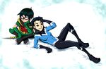  2boys aqua_lad black_hair bodysuit boots cape chin_rest dc_comics dick_grayson domino_mask garth gloves indian_style male male_focus mask multiple_boys robin_(dc) sitting smile solid_eyes teen_titans wet 