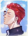  1boy 1girl akagi_haruko azzurro_000 blue_sky blush chibi ear_flower eye_contact falling_petals from_side gakuran hair_slicked_back hetero highres looking_at_another male_focus mini_person minigirl on_nose petals portrait profile red_hair sakuragi_hanamichi school_uniform short_hair sky slam_dunk_(series) 