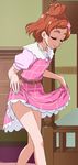  belt closed_eyes curtsey dress frilled_dress frills go!_princess_precure hair_ornament half_updo haruno_haruka haruyama_kazunori jewelry necklace pink_dress precure red_hair short_hair short_sleeves skirt_hold smile solo 