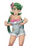  1girl blush breasts closed_mouth collarbone commentary_request els_(ljhlee12) eyelashes flower green_eyes green_hair green_headband grey_overalls hair_flower hair_ornament headband highres knees long_hair looking_at_viewer mallow_(pokemon) overalls pink_shirt pokemon pokemon_sm shiny_skin shirt smile solo strapless strapless_shirt swept_bangs twintails white_background 