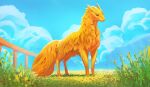 ambiguous_gender blue_sky canid canine cloud dsw7 feral flower fox fur furred_tail grass hi_res hybrid mammal meadow orange_body orange_fur plant sky solo tail