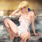  1girl ahoge ai-generated areola_slip arm_behind_head arm_up armpits artoria_pendragon_(fate) blonde_hair blue_bow blush bow covered_nipples fate/grand_order fate/stay_night fate_(series) green_eyes holding_head leg_up looking_at_viewer mrflexbox naked_towel nipple_slip nipples no_bra no_panties nose onsen rock saber_(fate) see-through sitting sitting_on_rock smile spread_legs steam steaming_body towel water water_drop wet 