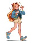  1girl belt blush brown_belt chewing closed_eyes coffee_cup contemporary cup disposable_cup doughnut dungeon_meshi earbuds earphones eating food food_bite friedbaens highres jacket long_hair long_sleeves marcille_donato musical_note open_clothes open_jacket shoes shorts smile sneakers solo very_long_hair walking white_shorts 