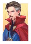  1boy anoiue blue_eyes blue_robe cape doctor_strange facial_hair goatee grey_hair highres light_brown_hair lips looking_at_viewer male_focus marvel marvel_cinematic_universe multicolored_hair mustache out_of_frame outside_border portrait red_cape robe two-tone_background two-tone_hair white_background yellow_background 