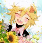  1boy basil_(faraway)_(omori) basil_(omori) black_sweater_vest blonde_hair blush closed_eyes collared_shirt flower hair_flower hair_ornament kauchi_(kani10cauchi) omori open_mouth shirt smile solo sunflower sweater_vest teeth upper_teeth_only white_shirt 