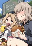  2girls alcohol beer beer_stein burger commission cup disposable_cup eating ehirorotoon emblem english_text food french_fries girls_und_panzer highres holding holding_burger holding_food itsumi_erika kay_(girls_und_panzer) kuromorimine_(emblem) kuromorimine_military_uniform multiple_girls saunders_military_uniform 