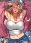  1girl anna-san_(sakura_no_tomoru_hi_e) armpits bare_shoulders beer_can blonde_hair blush breasts brown_eyes can cleavage denim denim_shorts drink_can earrings falling_petals highres hoop_earrings jacket jewelry large_breasts lying mature_female navel one_eye_closed original petals pink_jacket sakura_no_tomoru_hi_e shorts skindentation solo tank_top white_tank_top 