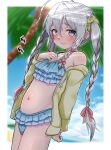  ahoge armpit_crease beach bikini blue_bikini blush braid cowboy_shot dokudoku913 flat_chest frilled_bikini frills grey_eyes grey_hair hair_between_eyes hair_ornament hair_ribbon hair_scrunchie hand_on_own_chest highres hoshi_syoko idolmaster idolmaster_cinderella_girls jacket looking_at_viewer off_shoulder palm_tree pink_ribbon ribbon scrunchie small_sweatdrop stomach swimsuit tree twin_braids yellow_jacket yellow_scrunchie 