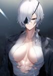  1girl abs breasts brown_eyes chainsaw_man cleavage eyepatch hair_between_eyes highres jacket large_breasts muscular muscular_female quanxi_(chainsaw_man) shirt short_hair solo toned torn_clothes tresmarrow white_hair white_shirt 