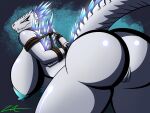 annoyed anthro big_breasts big_butt blue_eyes bound breasts butt curvy_figure digital_media_(artwork) female genitals godzilla_(series) hi_res ice kaiju monster monster_girl_(genre) monsterverse nipples nude pussy rear_view scalie shimo_(kaiju) simple_background solo tail thick_thighs toho white_body wide_hips znackyartz