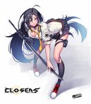 bad_id bad_pixiv_id bent_over black_gloves black_hair blue_eyes breasts choker cleavage closers collarbone elbow_gloves gloves hair_ornament hairclip highres holster jewelry jjune large_breasts long_hair loose_necktie necktie pendant school_uniform shirt short_sleeves single_glove skirt solo sword thigh_holster very_long_hair weapon yuri_seo 