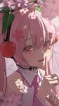  1girl :d bananafish1111 bare_shoulders cherry_blossoms commentary hatsune_miku headset highres looking_at_viewer necktie open_mouth pink_eyes pink_hair pink_nails sakura_miku smile solo teeth twintails vocaloid 